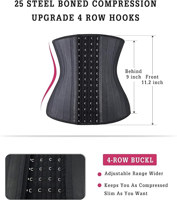 YIANNA Waist Trainer for Women Latex Underbust Waist Corsets Cincher Hourglass Body Shaper 4 Hooks, Black 25 Steed Bones, Medium