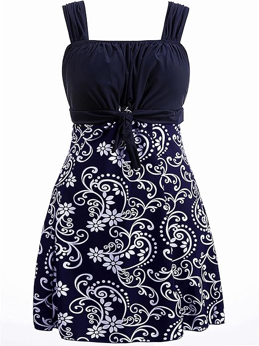 Wantdo Women's One-Piece Swim Dresses Plus Size Skirtini Tummy Control Swimsuits Summer Swimming Costume with Skirt Porcelain 16-18