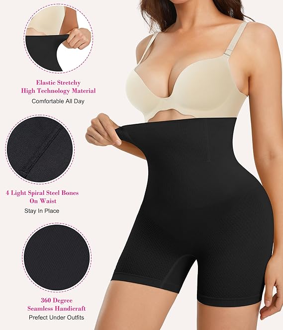 Nebility Womens Waist Trainer Shapewear Tummy Control Body Shaper Shorts Hi-Waist Butt Lifter Thigh Slimmer (M/L, Black)
