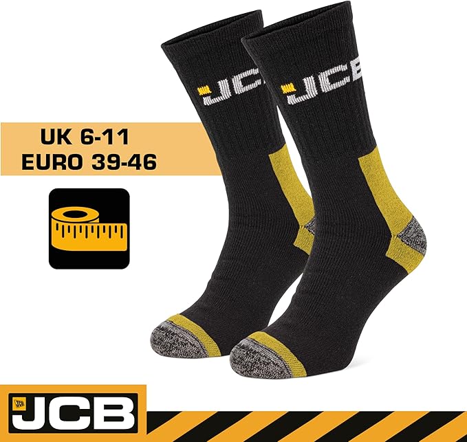 JCB Work Socks - Work Wear Boot Socks - UK 6-11 EURO 39-46 – Men's Work Socks, Cushioned Terry Loops, Ribbed Leg Support