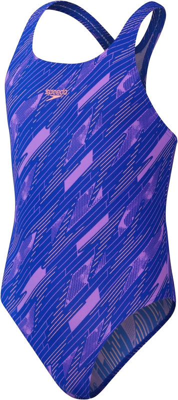 Speedo Junior Girl's Hyperboom Allover Medalist One Piece Swimsuit | Chlorine Resistant | Quick Drying, True Cobalt/Sweet Purple/Disco Peach, 11-12 Years