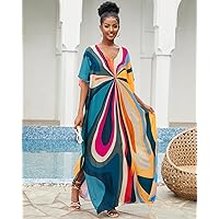Bsubseach Plus Size Kaftan Dresses for Women Print Swim Cover Up Batwing Sleeve Caftans Casual Vacation Outfits Mix Colours