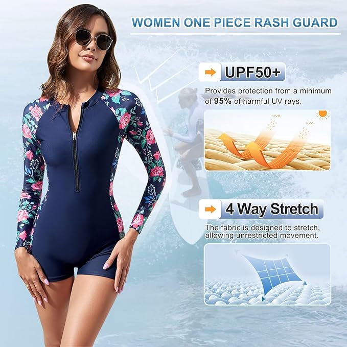 TERODACO One Piece Swimming Costume Women Removable Padded Half Zip Rash Vest Women Long Sleeve UPF50+ Ladies Swimsuits Wetsuit Rash Guard,Soft Stretchy Quick Dry 2401 Navy M