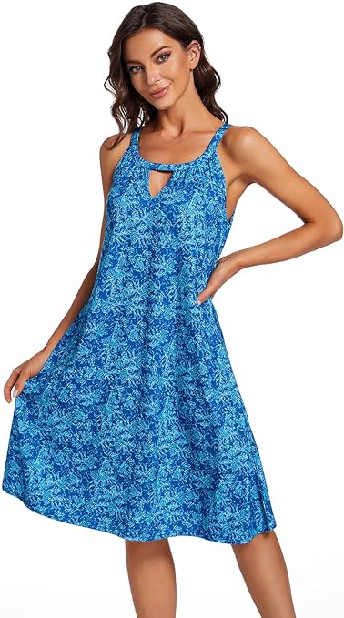 YXCFEWD Summer Dresses for Women Halter Neck Dress Ladies Floral Beach Dress Sun Casual (Dark Ocean, XL)