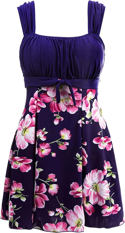 Wantdo Women's One-Piece Swim Dresses Plus Size Skirtini Tummy Control Swimsuits Summer Swimming Costume with Skirt A20(Sapphire Floral) 16-18