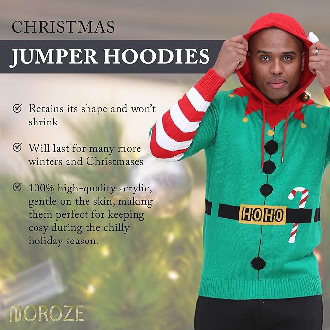 NOROZE Men's Boys Christmas Jumper Hoodie Unisex ELF HoHo Candy Cane 3D Knitted Pullover Kids Family Xmas Matching Top (S, Elf Candy Cane Green)