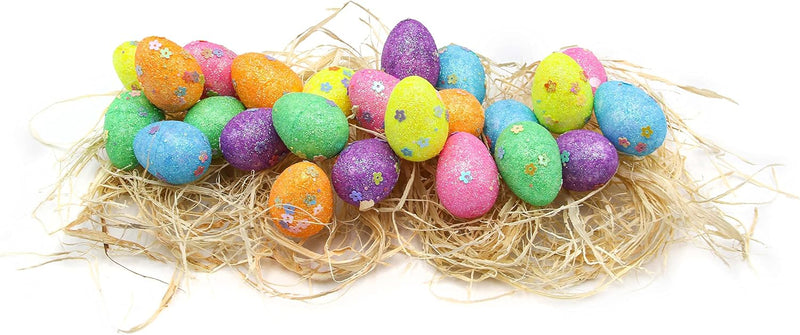 Easter Decoration - 24x Decorated Easter Glitter Eggs and Grass - 3cm X 4cm - For Easter Basket Decoration, Easter Egg Hunt, Party Decoration