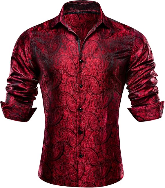 Barry.Wang Men Dress Shirt Silk Luxury Paisley Floral Long Sleeve Big and Tall Wedding Party Casual Business Formal Shirts Red, 2XL
