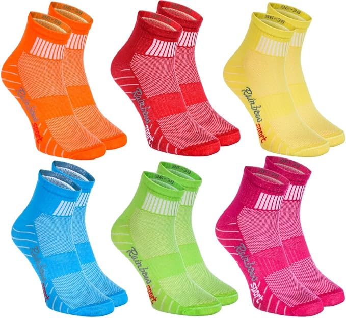 Rainbow Socks - Women Men Colourful Cotton Sneaker Sport Socks - 6 Pairs - Orange Red Yellow Turquoise Green Fuchsia - Size 10-11,5