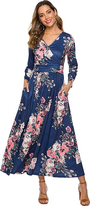 Women's Casual Floral Printed Long Maxi Dress with Pockets Long Sleeve Dresses Navy XXL