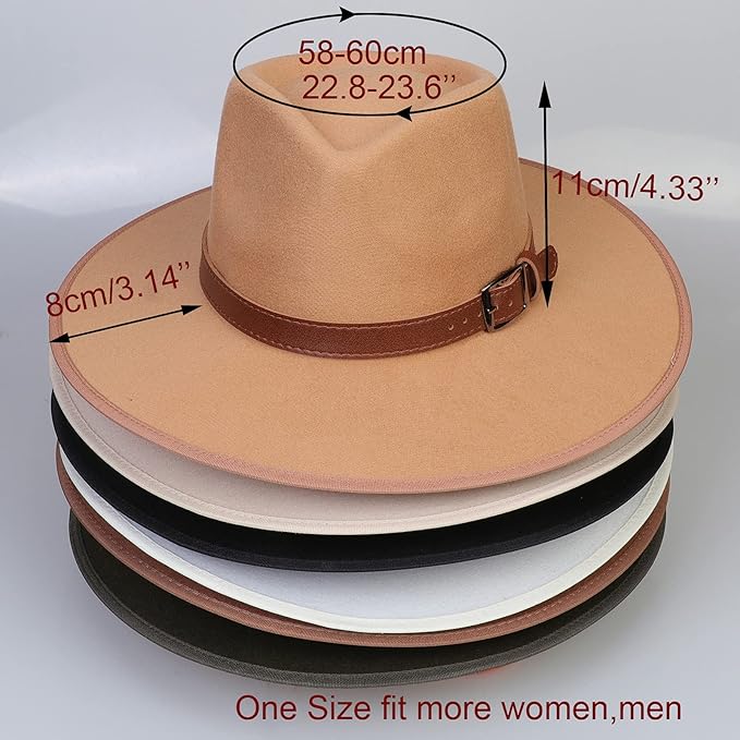 JK Home Wide Brim Fedora Hat - Wool Felt Panama Cap - One Size Unisex Women Men - Brown Leather Buckle Band