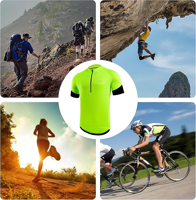 Dooy Men's Cycling Bike Jersey, Short Sleeve MTB Shirts with 3 Rear Pockets-Breathable,Smooth Zipper Biking Shirt, Yellow, XL