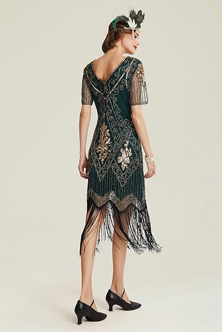 BABEYOND 1920s Flapper Fringed Sequin Dress Roaring 20s Fancy Dress Gatsby Costume Dress V Neck Vintage Beaded Evening Dress (DarkGreen, S)