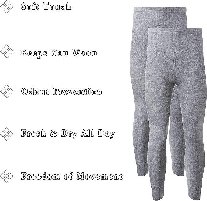 ---BUY ONE GET ONE FREE--- Heatwave® Pack of 2 Men's Thermal Trousers Long Johns, Grey, M