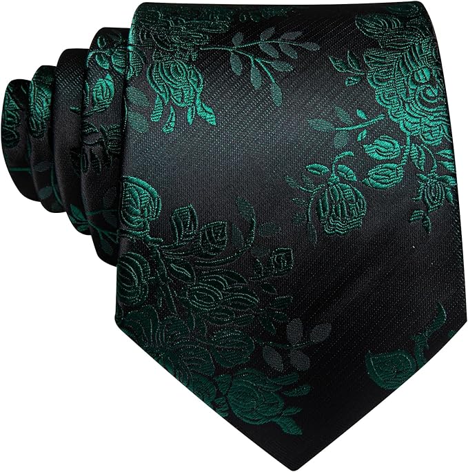Barry.Wang Mens Green Tie and Clip Floral Silk Wedding Necktie Handkerchief Cufflinks Set Formal Party