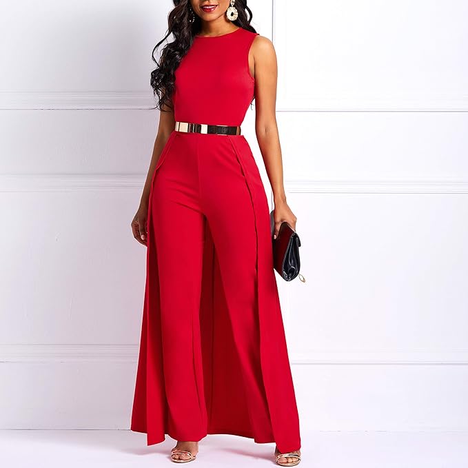 VERWIN Patchwork Overlay Embellished Plain Women's Jumpsuit High-Waist Woman Romper (X-Large, Red)