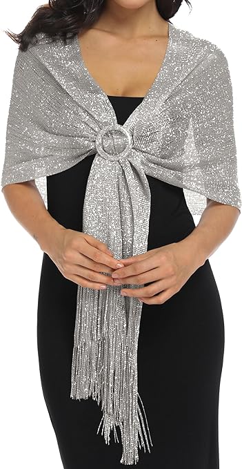 Rheane Sparkling Metallic Shawls and Wraps with Buckle for Evening Party Dresses Wedding Party, C. Dark Gray/Silver (With Silver Buckle), Large