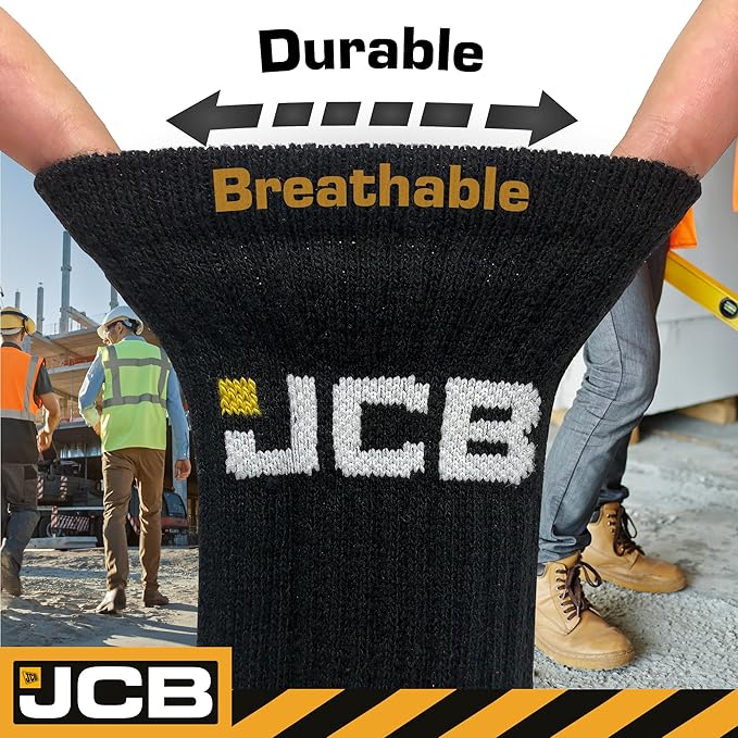 JCB Work Socks - Work Wear Boot Socks - UK 6-11 EURO 39-46 – Men's Work Socks, Cushioned Terry Loops, Ribbed Leg Support