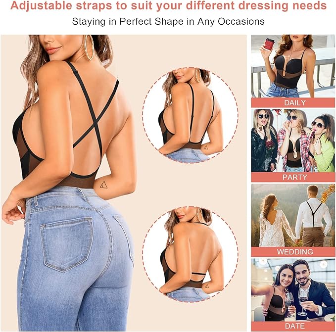 Junlan Bodysuit Shapewear for Women Tummy Control Backless Body Shaper U Plunge Built-in Bra Fajas Waist Trainer Corset (Black,S)