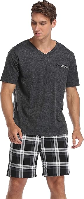 Vlazom Men's Pyjamas Set Short Sleeve Soft Pj's Top and Plaid Shorts for Sleepwear Loungewear with Pockets Dark Grey, L