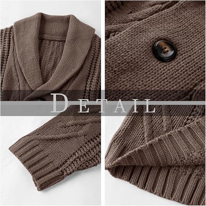 Runcati Mens Cardigan Chunky Knitted Jacket Long Sleeve Cable Knit Cardigan Casual Shawl Collar Buttoned Knitwear Overcoat Winter Outerwear, Brown, XL