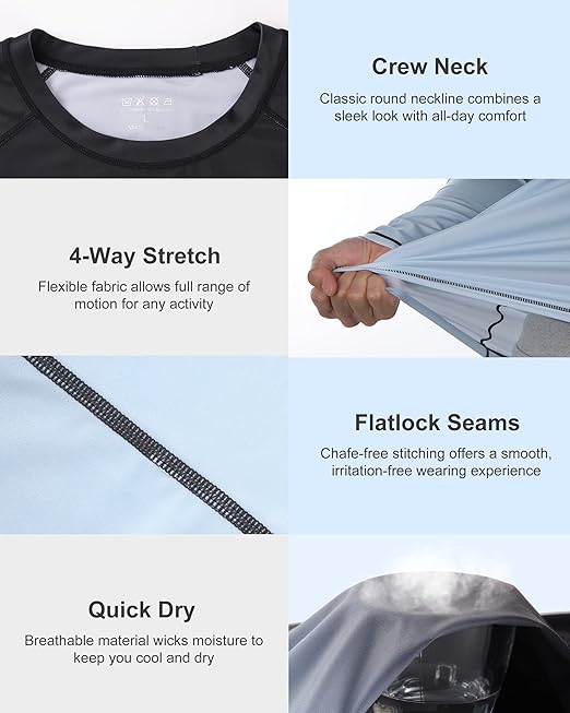 Roadbox Men's UPF 50+ Swim Rash Guard Vest, Long Sleeve UV Sun Protection SPF Shirts, Quick Dry Watersports Base Layer Tops for Diving Beach Surfing Hiking, M