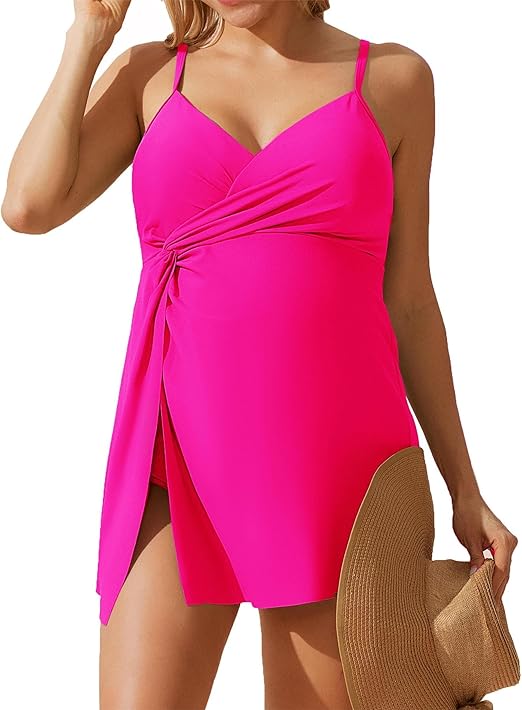 Maacie Maternity Swimwear One Piece Swimsuit with Shorts Padded Swimsuit Dress, rose red, L