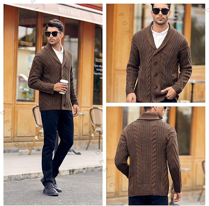 Runcati Mens Cardigan Chunky Knitted Jacket Long Sleeve Cable Knit Cardigan Casual Shawl Collar Buttoned Knitwear Overcoat Winter Outerwear, Brown, XL