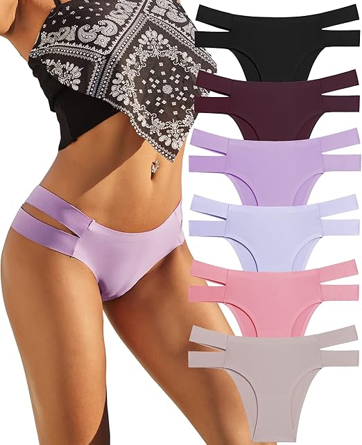 Seamless Underwear for Women Sexy Bikini Panties No Show High Cut Hipster Stretch Straps Cheeky Panty for Ladies 6 Pack, A 6pack (Purple*1 Grey*1 Black*1 Brown*1 Wine*1 Pink*1), Medium