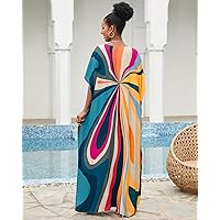 Bsubseach Plus Size Kaftan Dresses for Women Print Swim Cover Up Batwing Sleeve Caftans Casual Vacation Outfits Mix Colours