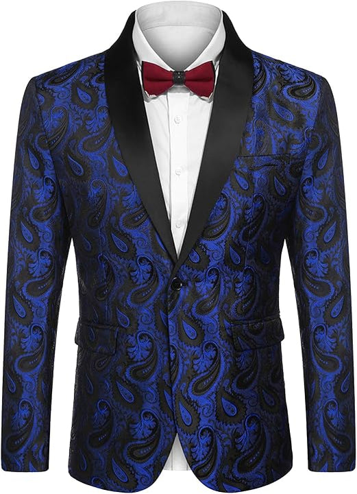 COOFANDY Mens Paisley Suit Lapel Jackets Tuxedo One Button Dinner Jacket Smart Blazer Retro Slim Fit Coat Party Blue XXL