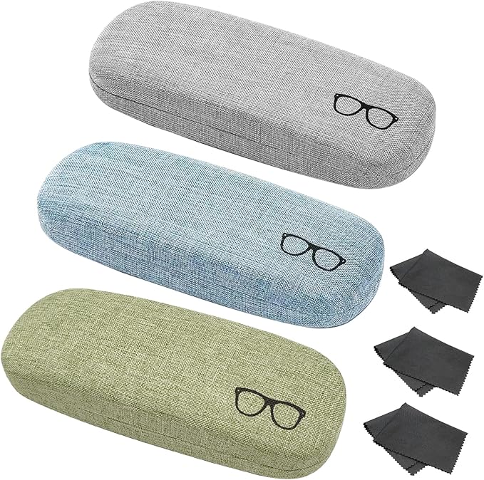 XYQMLY 3 Pack Hard Shell Eyeglasses Case, Unisex Portable Glasses Protection Case Linen Fabrics Glasses Case, Blue/Green/Grey, Medium