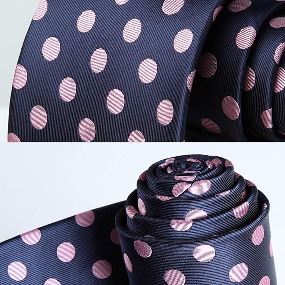 HISDERN Extra Long Polka Dots Tie Handkerchief Men's Necktie & Pocket Square Set , XL, 63 inches length, Pink / Navy Blue