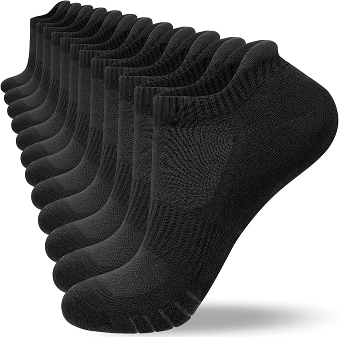 Natugloe Trainer Socks Cushioned Sports Socks Running Socks for Men Women Anti-Blister Cotton Ankle Socks Low Cut Breathable Athletic Walking Sock (6 Pairs) Black, 12-15
