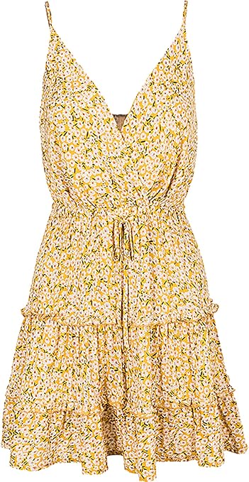 Women's Floral Strap Sundress High Waist Flounce Dress Vintage Mini Dress Beach Dress, Yellow, XL