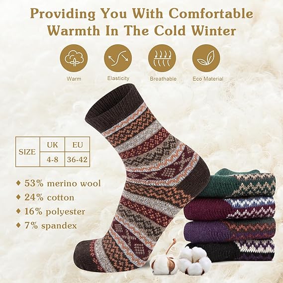 YSense Beau 5pairs Women Merino Wool Socks Thermal Chunky Winter Hiking Breathable Cushioned Cotton Socks Ladies' Cosy Warm Wool Crew Socks Gift Vintage Style