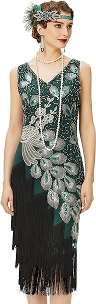 BABEYOND 1920s Vintage Peacock Sequined Dress Gatsby Fringed Flapper Dress Roaring 20s Party Dress, Dark Green with Black Fringe, 3X-Large