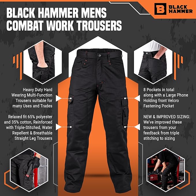 Black Hammer Mens Combat Work Trousers Cargo Pants Multi Pockets Joggers Reinforced Seams Tradesman Warehouse Survival Black (44W / 31 Regular)