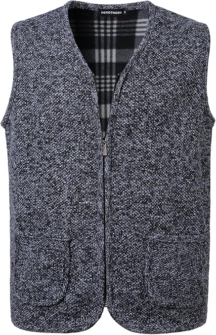 Herothorn Mens Knitted Vest Cardigan Sleeveless V-Neck Fleece Lining Jacket Zip Thick Vest Casual Vest Grey
