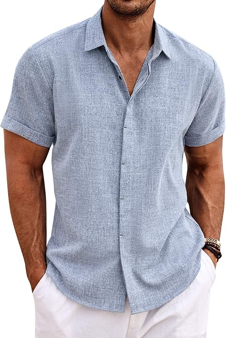COOFANDY Mens Linen Shirts Short Sleeve Summer Button Down Beach Shirt, White, M