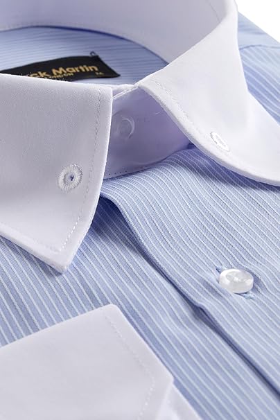 Jack Martin London Blue Striped Pin Collar Formal Shirts for Adult Men | Mens Long Sleeve Dress Shirt with Collar Bar (Blue,M)