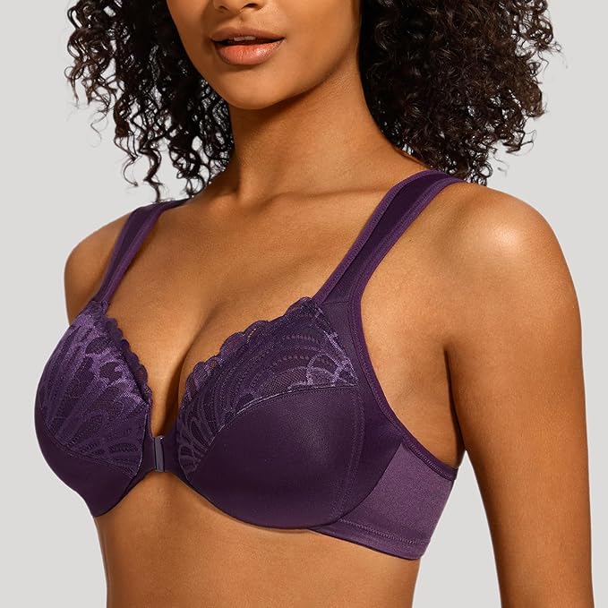MELENECA Front Fastening Bras for Women Plus Size Underwire Unlined Lace Cup Cushion Strap Purple 38G
