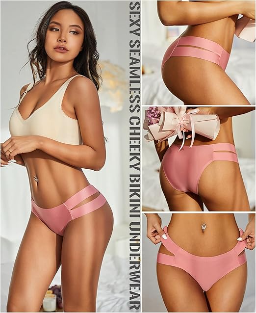 Seamless Underwear for Women Sexy Bikini Panties No Show High Cut Hipster Stretch Straps Cheeky Panty for Ladies 6 Pack, A 6pack (Purple*1 Grey*1 Black*1 Brown*1 Wine*1 Pink*1), Medium