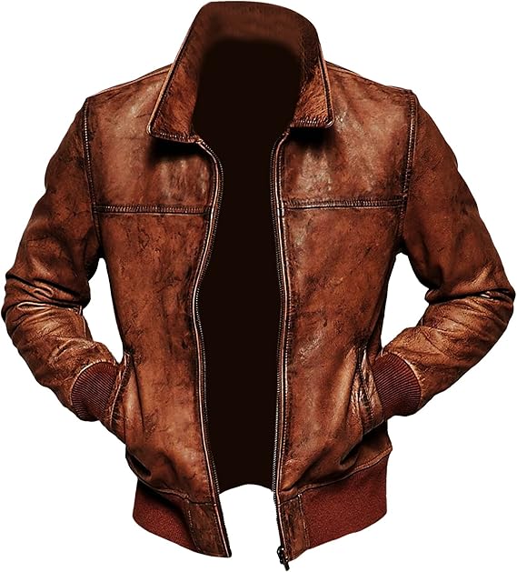 Mens Biker Vintage Distressed Bomber Winter Leather Jacket, Brown, XL-For Person with Chest (43 inches or 109cm)