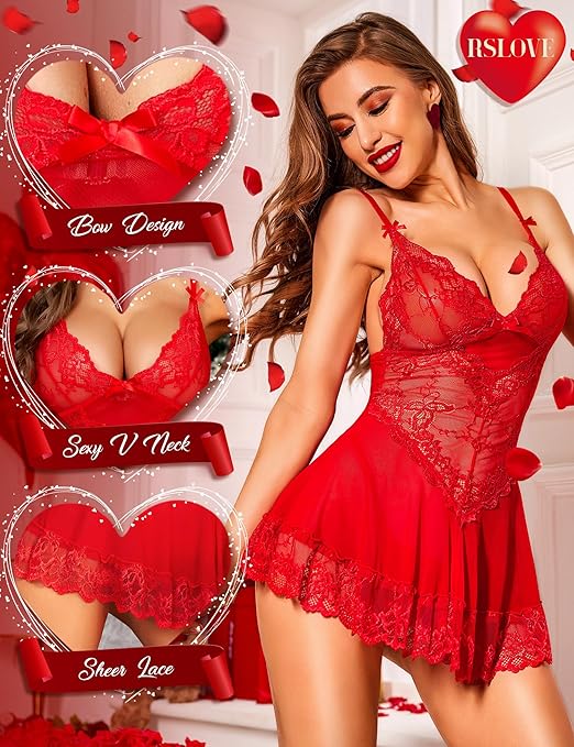RSLOVE Women Sexy Lingerie Lace Babydoll Mesh Chemise Sleepwear Bridal Nightdress Red Small