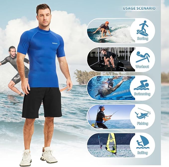 TERODACO Rash Vest Mens Short Sleeve UV 50+ Swimming Shirts for Men Compression Sweat Wicking Rash Guard Mens Base Layer for Wetsuit Diving Surfing,Quick Dry Lightweight Stretchy 222 Blue XL