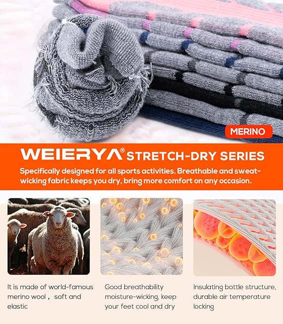 WEIERYA Merino Wool Ski Socks for Skiing, Snowboarding, Outdoor Sports Performance Socks Grey S