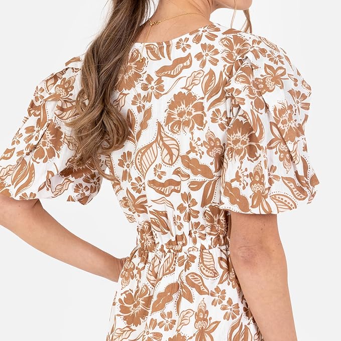 Lovedrobe Women's Ladies Midaxi Dress V-Neck Short Sleeve Faux-wrap Tiered Ruffle Floral Print Elasticated Waistband A-line Casual Brown 26