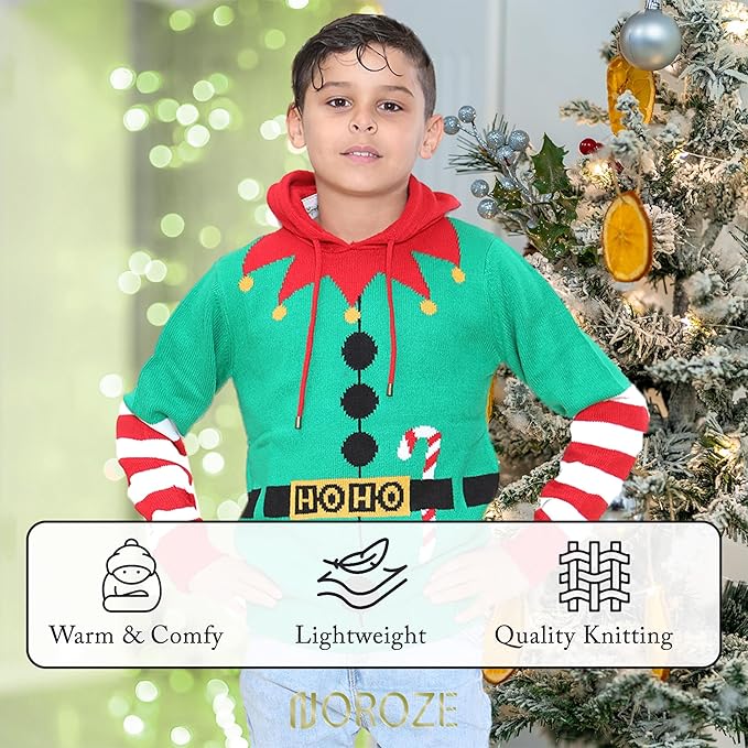 NOROZE Men's Boys Christmas Jumper Hoodie Unisex ELF HoHo Candy Cane 3D Knitted Pullover Kids Family Xmas Matching Top (S, Elf Candy Cane Green)
