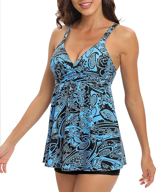 Adigaber Women Two Piece Bathing Suit Top Cross Floral Printed Swim Dress Tummy Control Tankini with Boyshorts,Dark Blue,L